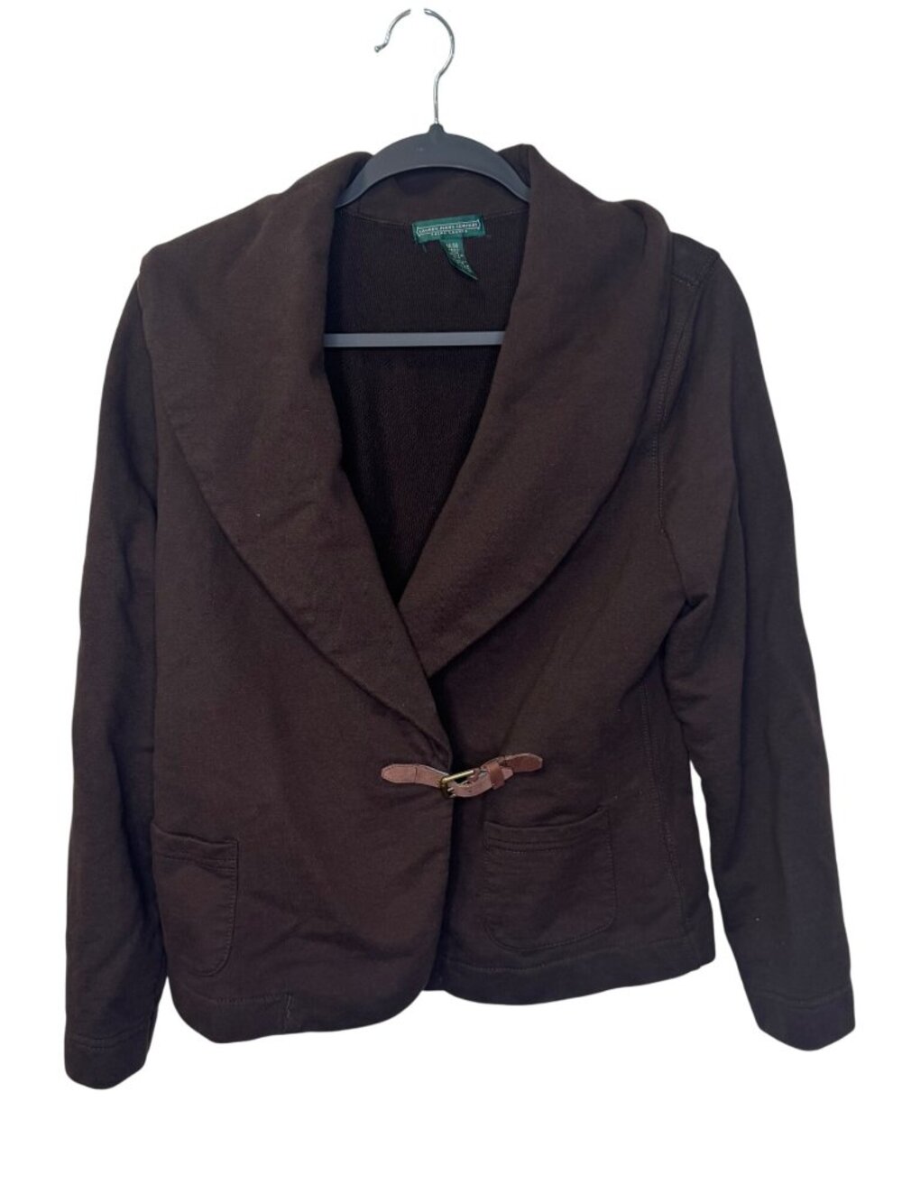 Ralph Lauren Brown Blazer Jacket Shawl Collar Buckle Pockets Jersey Size Medium